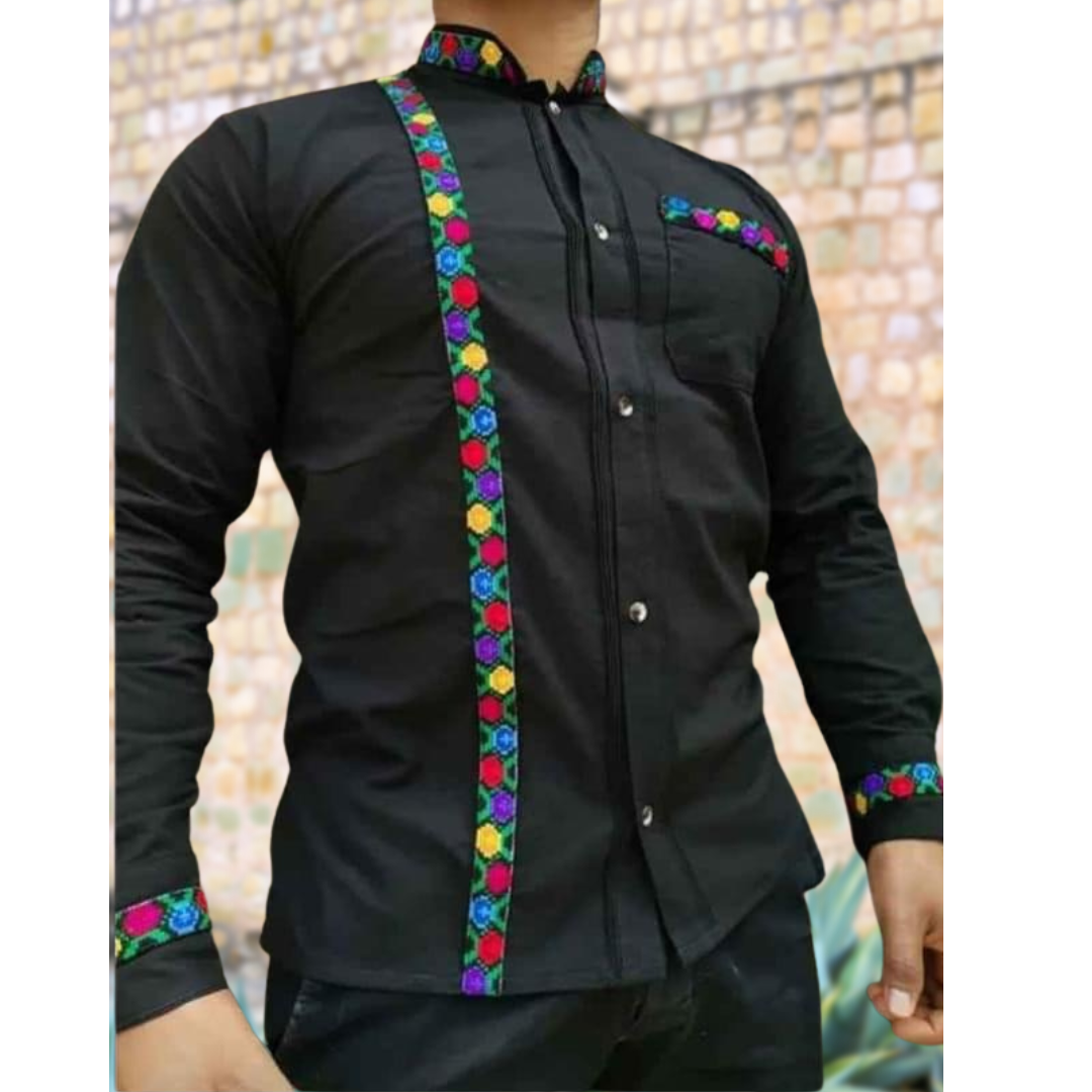 Men's Guayabera Shirt Long Sleeve Cross-Stitch Daisy