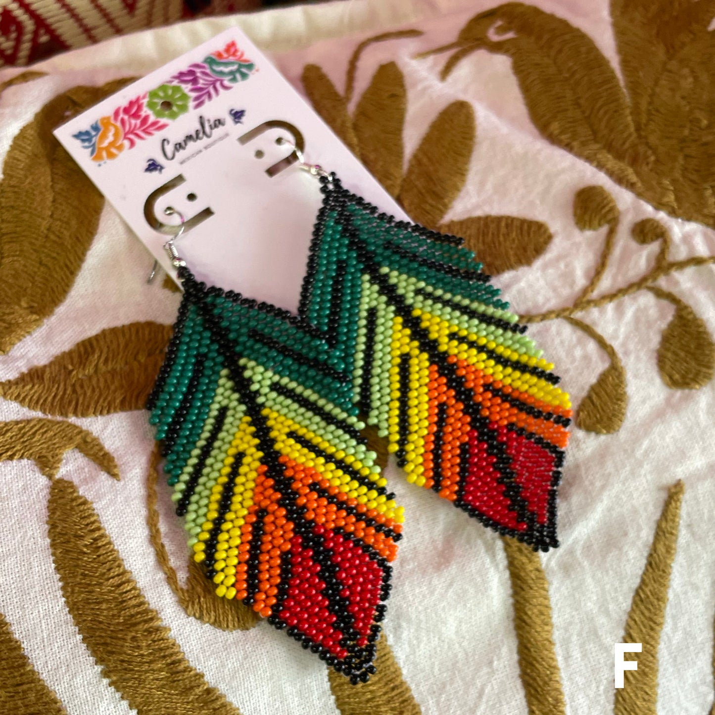 Huichol Mexican Beaded  Earrings - Large Feathers