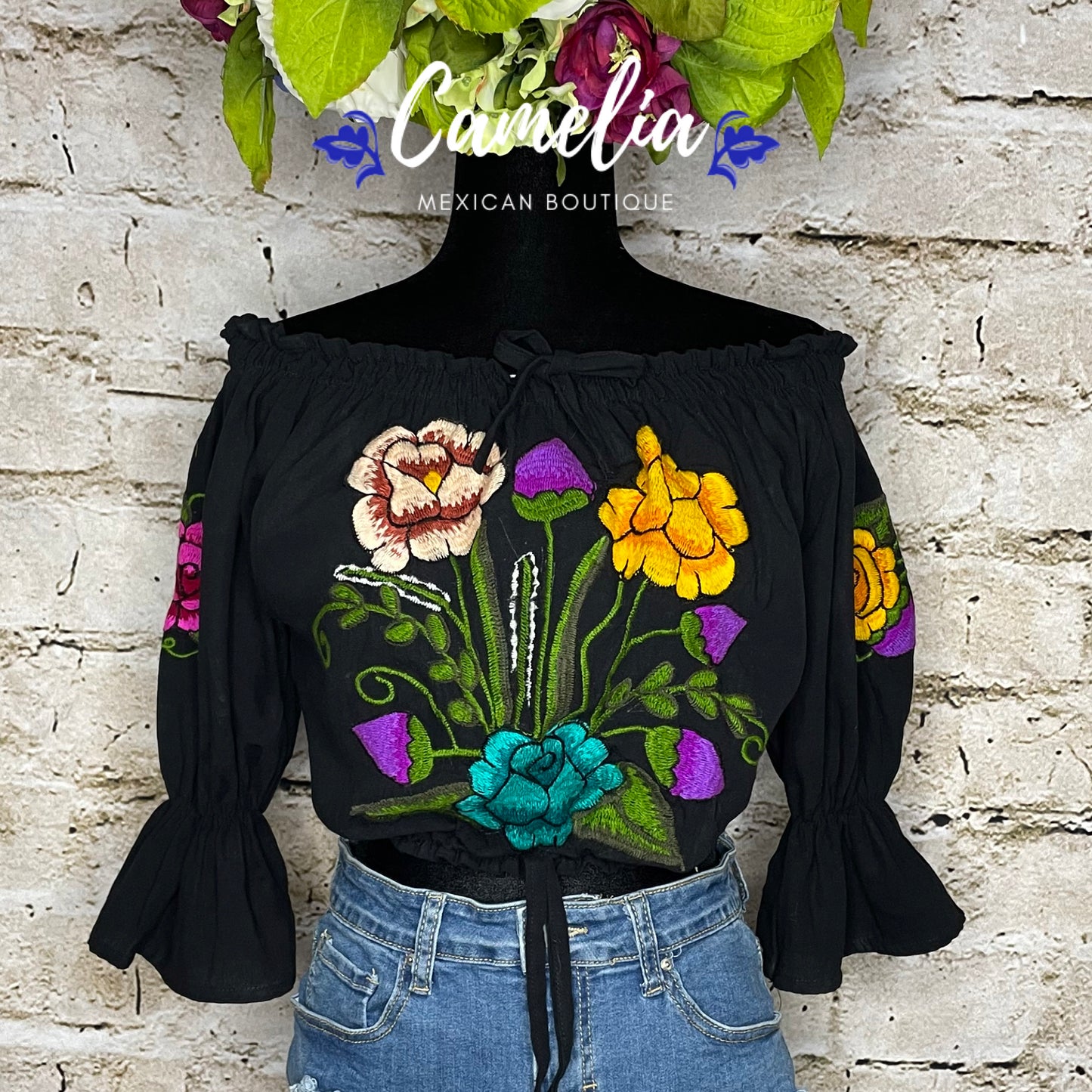 Off Shoulder Mexican Blouse Puff Elastic Sleeve Zinnia