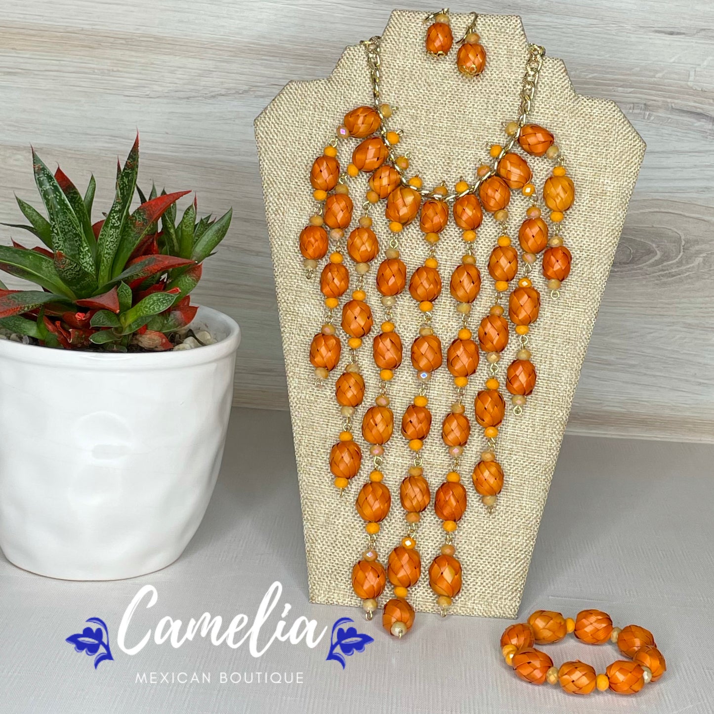 Mexican Palm Necklace Set - Orange