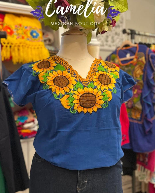 Sunflower Embroidered Mexican Blouse - PLUS