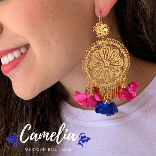 Oaxacan Filigree Fabric Flower Earrings - Pink