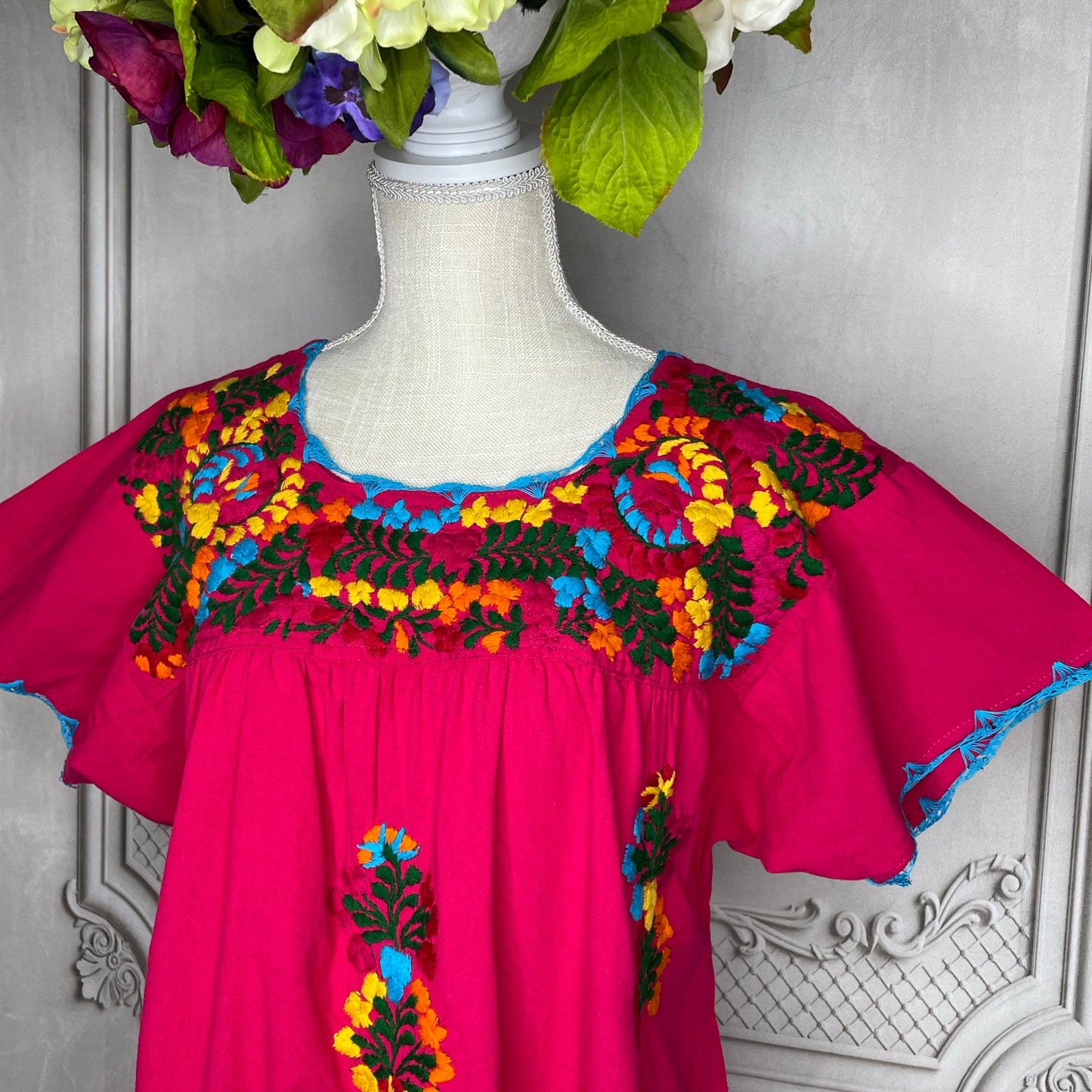 San Antonino Short Sleeve Dress - Knee Length Cotton Embroidery