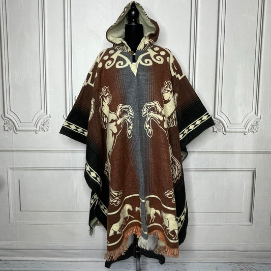Mexican Alpaca Wool Poncho Hooded - Standing Horse