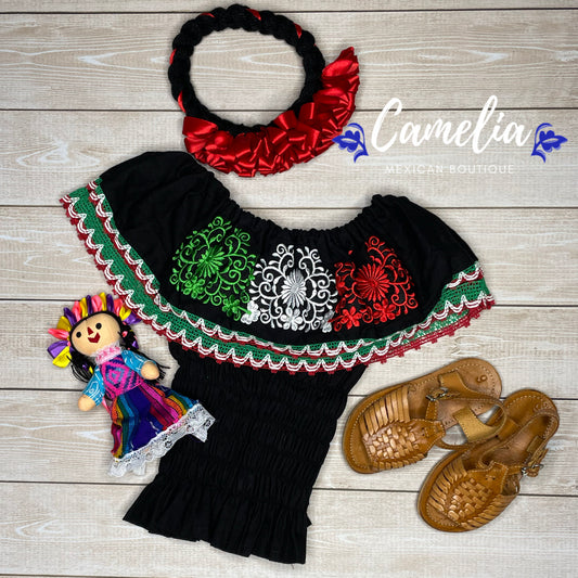 Blouse élastique tricolore VIVA MEXICO pour filles, épaules dénudées