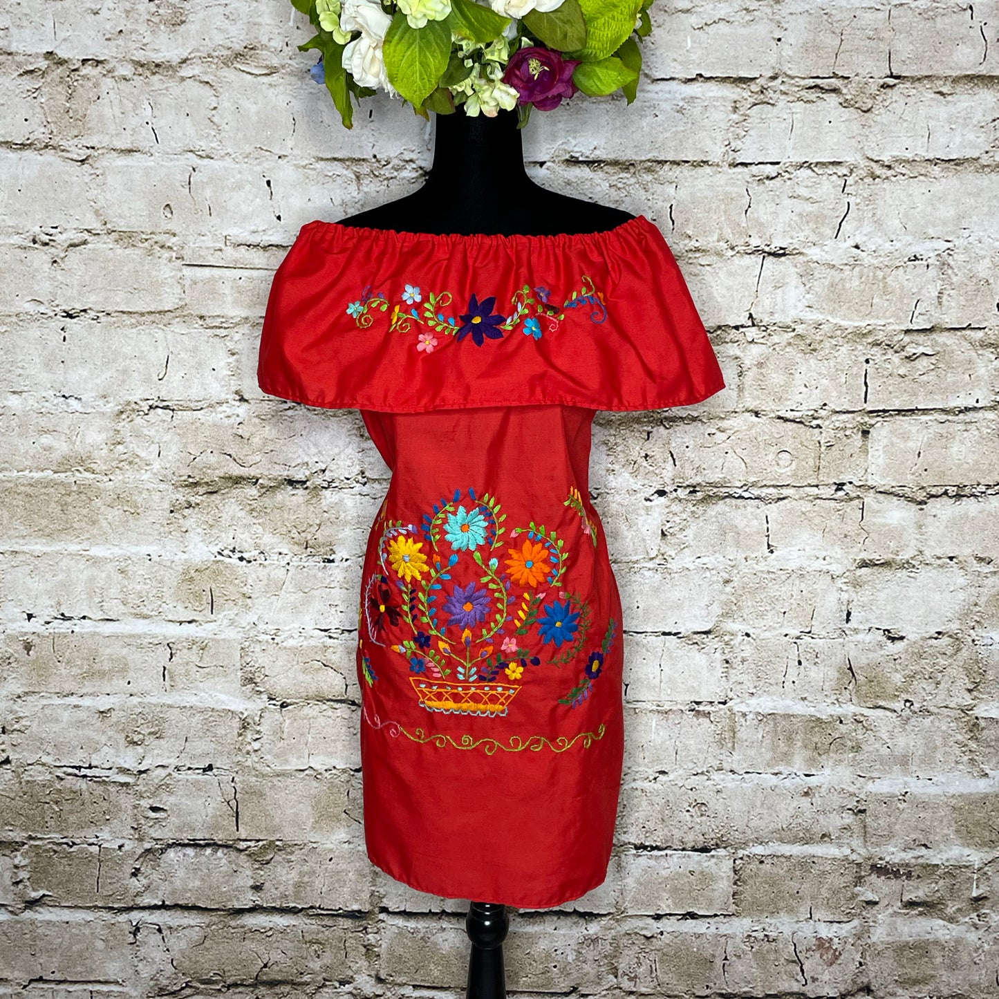 Off Shoulder Puebla Mexican Dress - Embroidered Ruffle