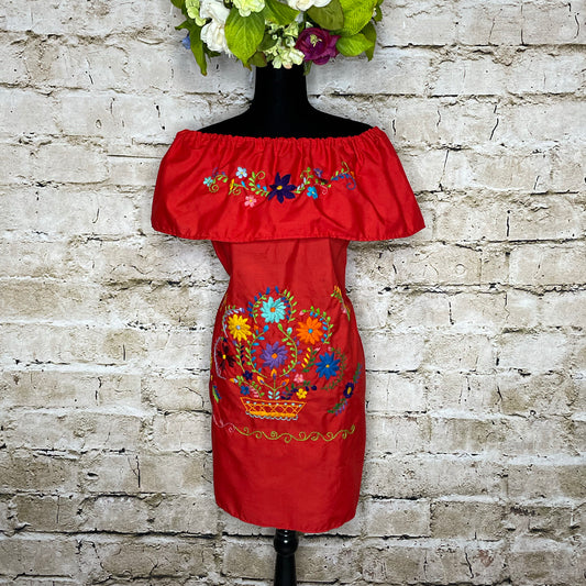 Robe mexicaine Puebla à épaules dénudées - Volants brodés
