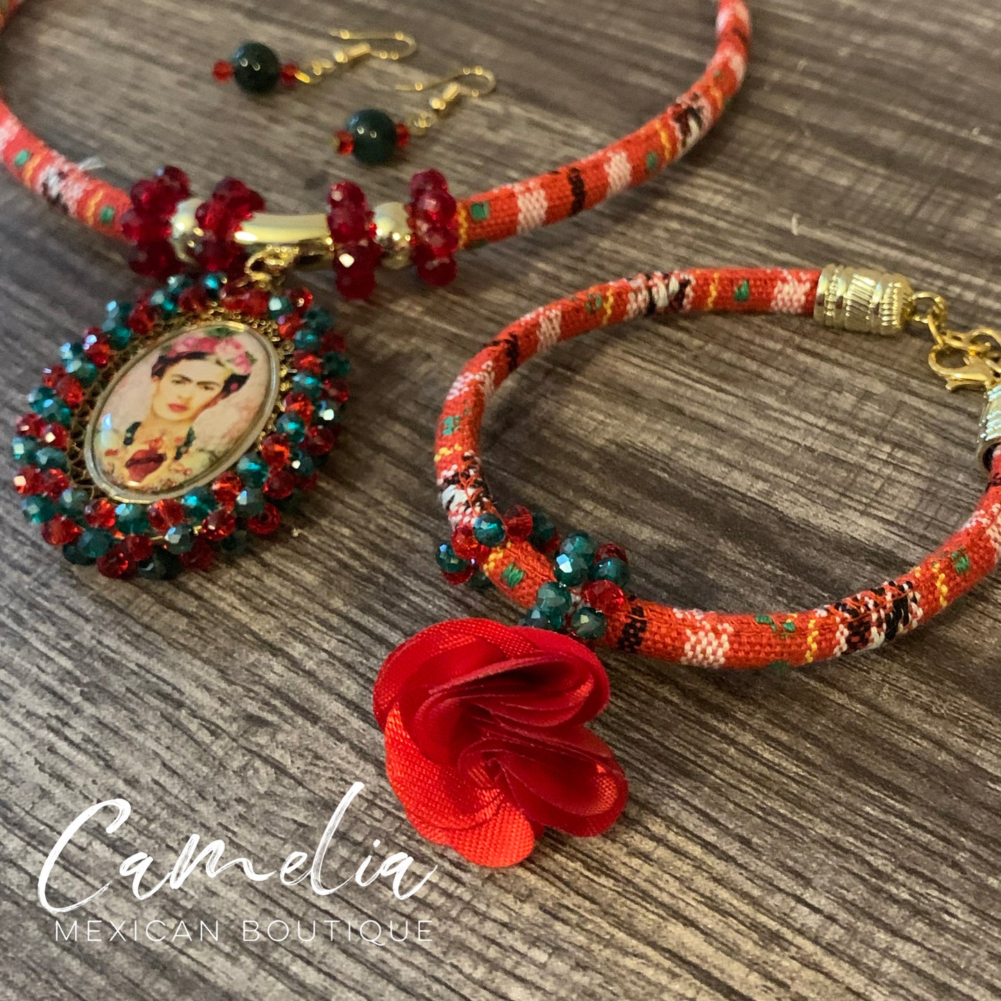 Frida Pendant Mexican Necklace Set RED