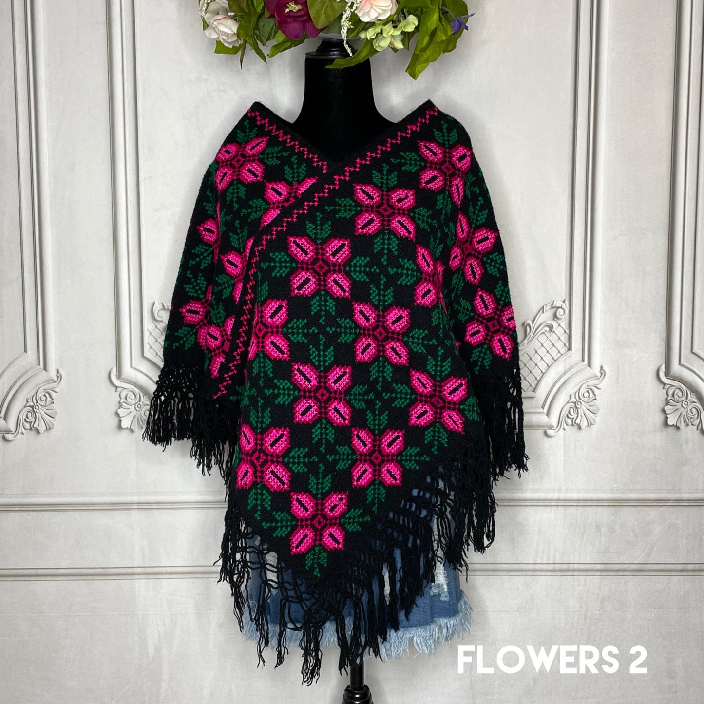Mexican Cape Poncho Cross Stitch Black Floral