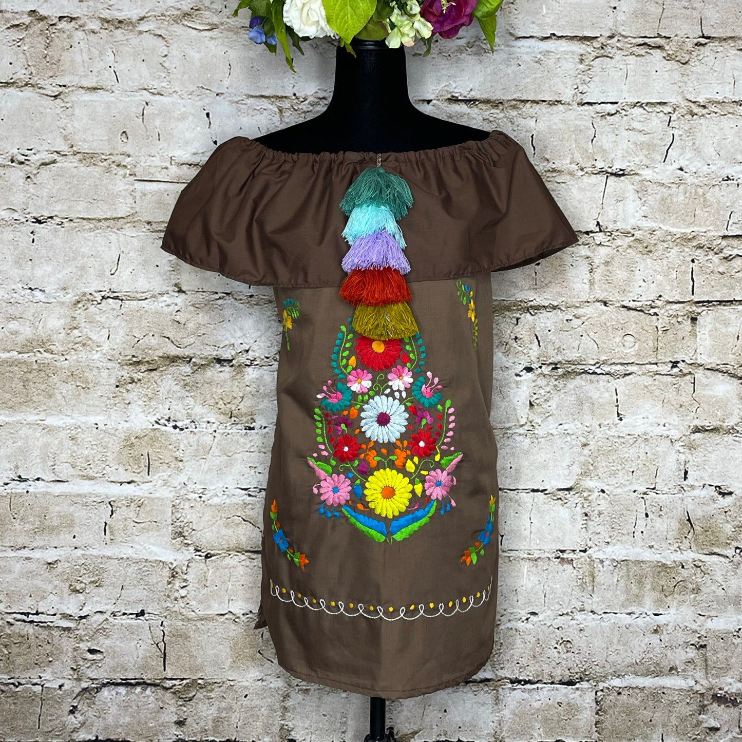 Off Shoulder Puebla Mexican Dress - Ruffle Pom-Pom