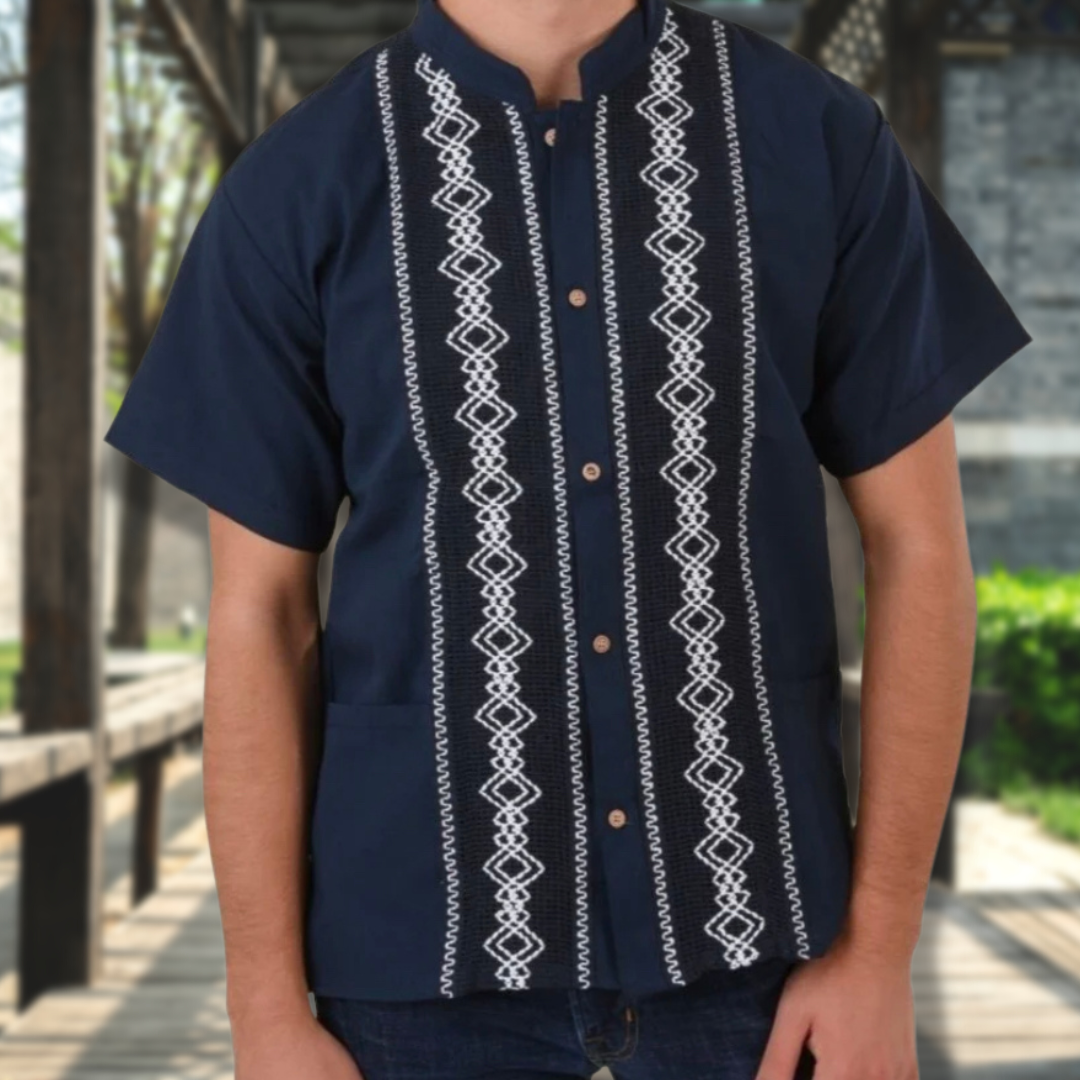 Men's Guayabera Shirt Short Sleeve Geometric Trim