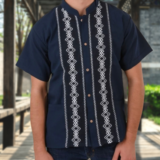 Chemise Guayabera pour hommes à manches courtes et bordure géométrique