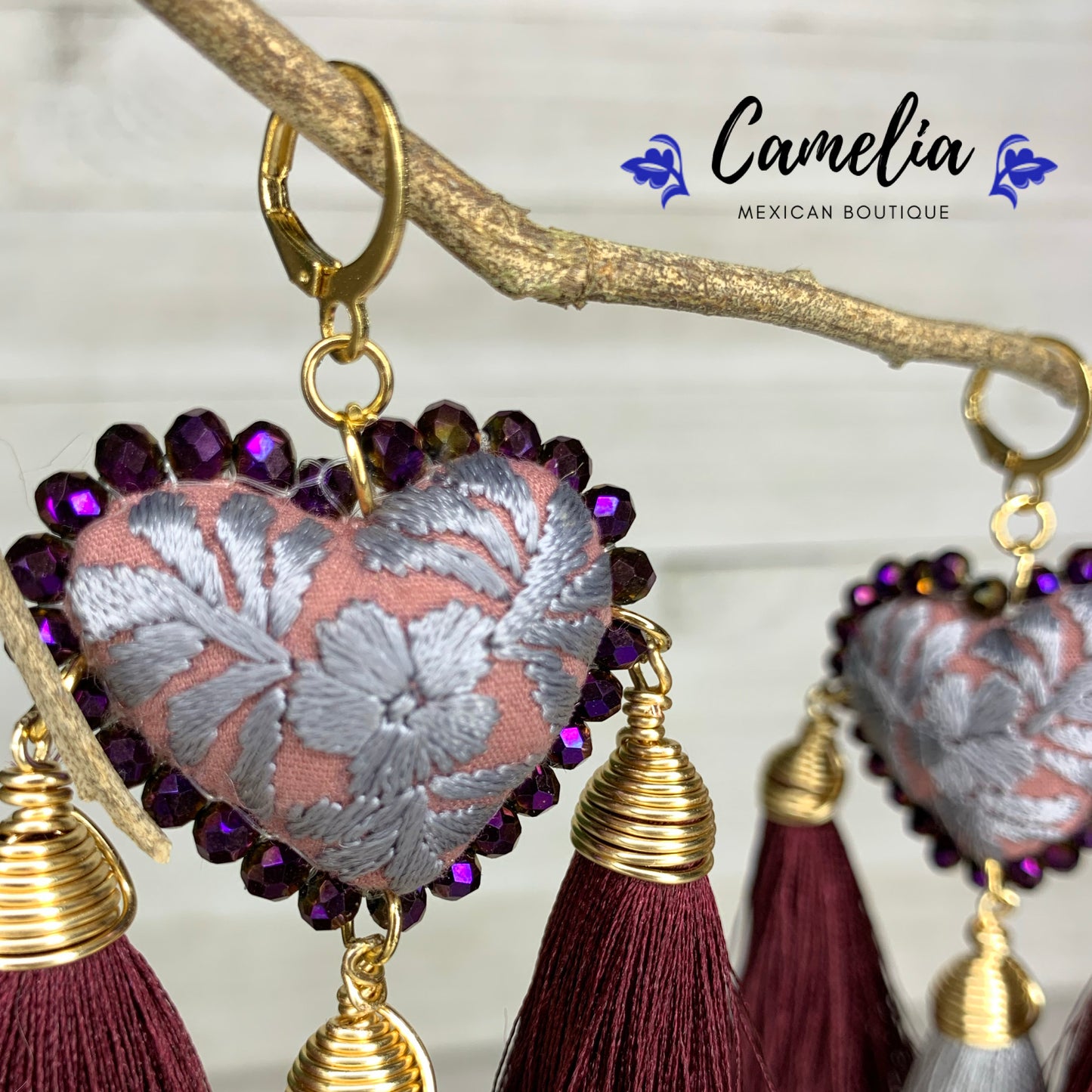 San Antonino Embroidered Heart Tasseled Earrings - Plum Silver