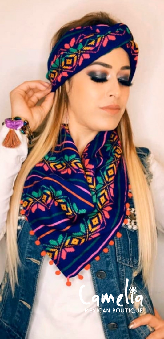 Mexican Scarf and Headband with Pom-Poms
