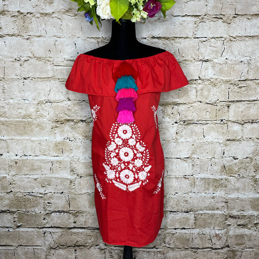 Robe mexicaine Puebla à épaules dénudées - Volants une couleur