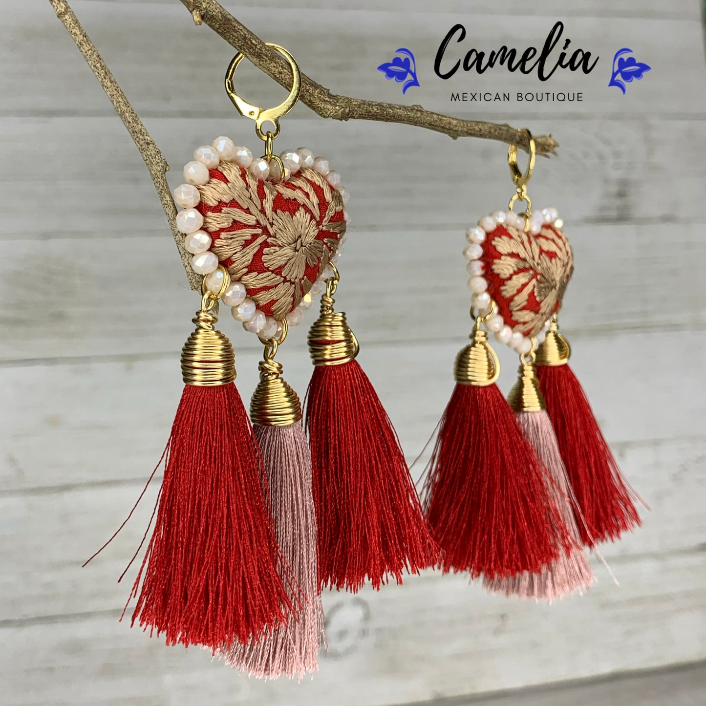 San Antonino Embroidered Heart Tasseled Earrings - Red