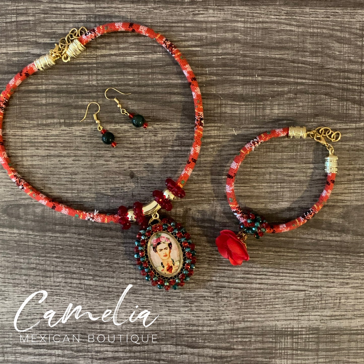 Frida Pendant Mexican Necklace Set RED