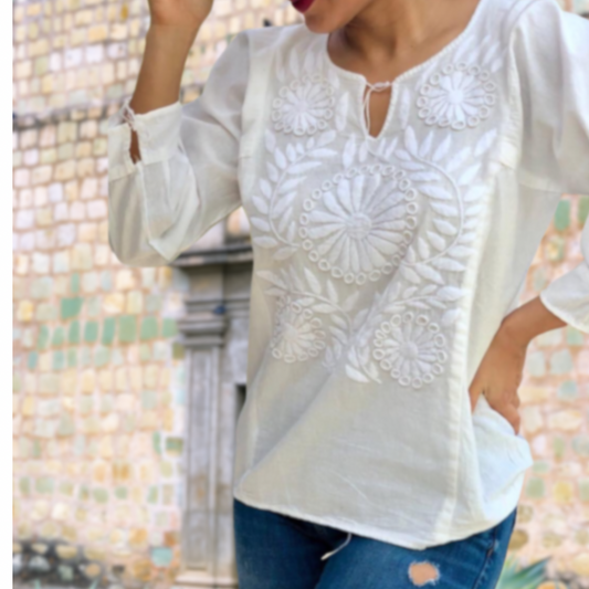 LauraKlein Women's Summer Boho Embroidery Mexican Bohemian Tops V Neck 3/4  Sleeve Causal Loose Shirt Blouse Tunic