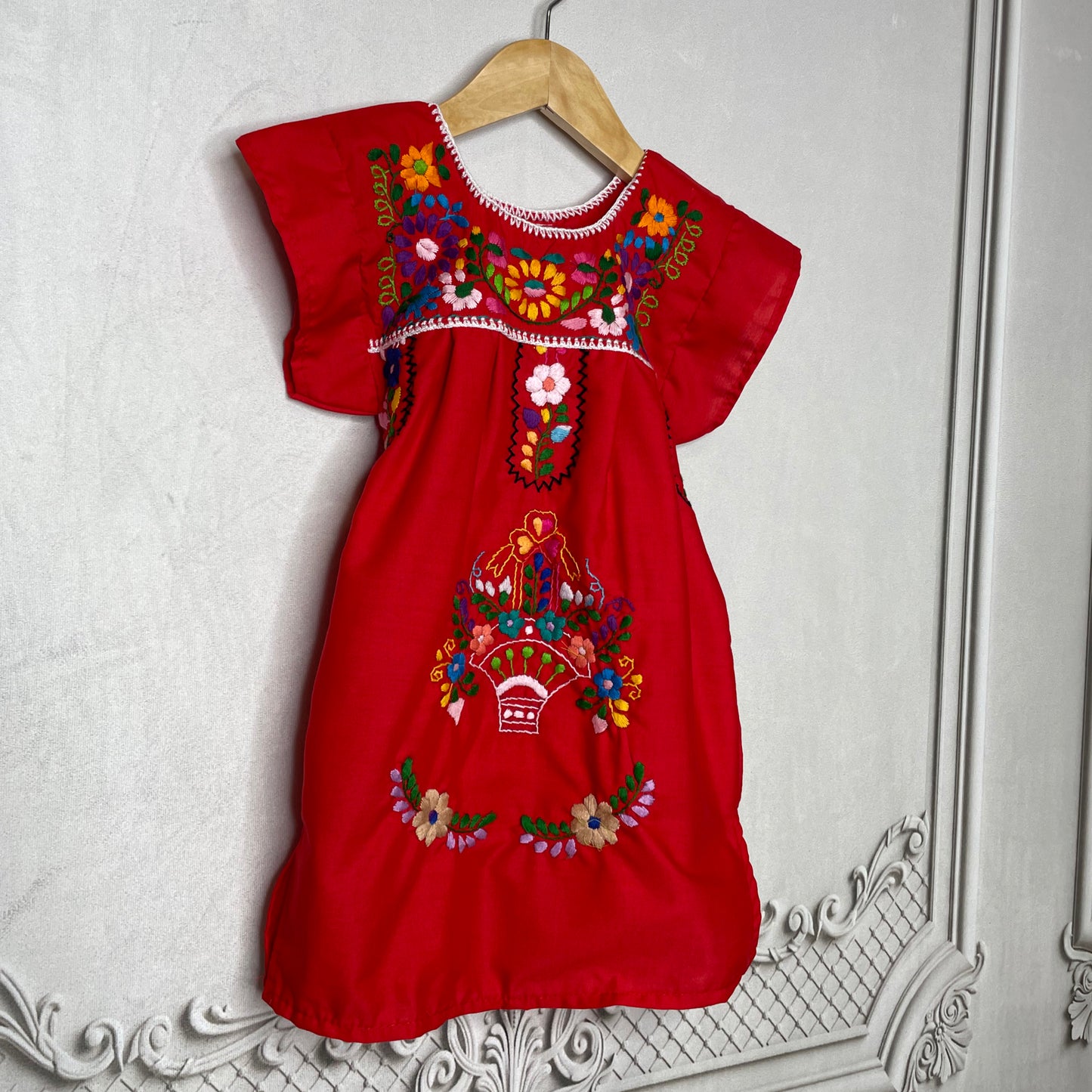 Puebla Mexican Dress w/ Belt Bata Faja Vestido Flowers Pink Red M