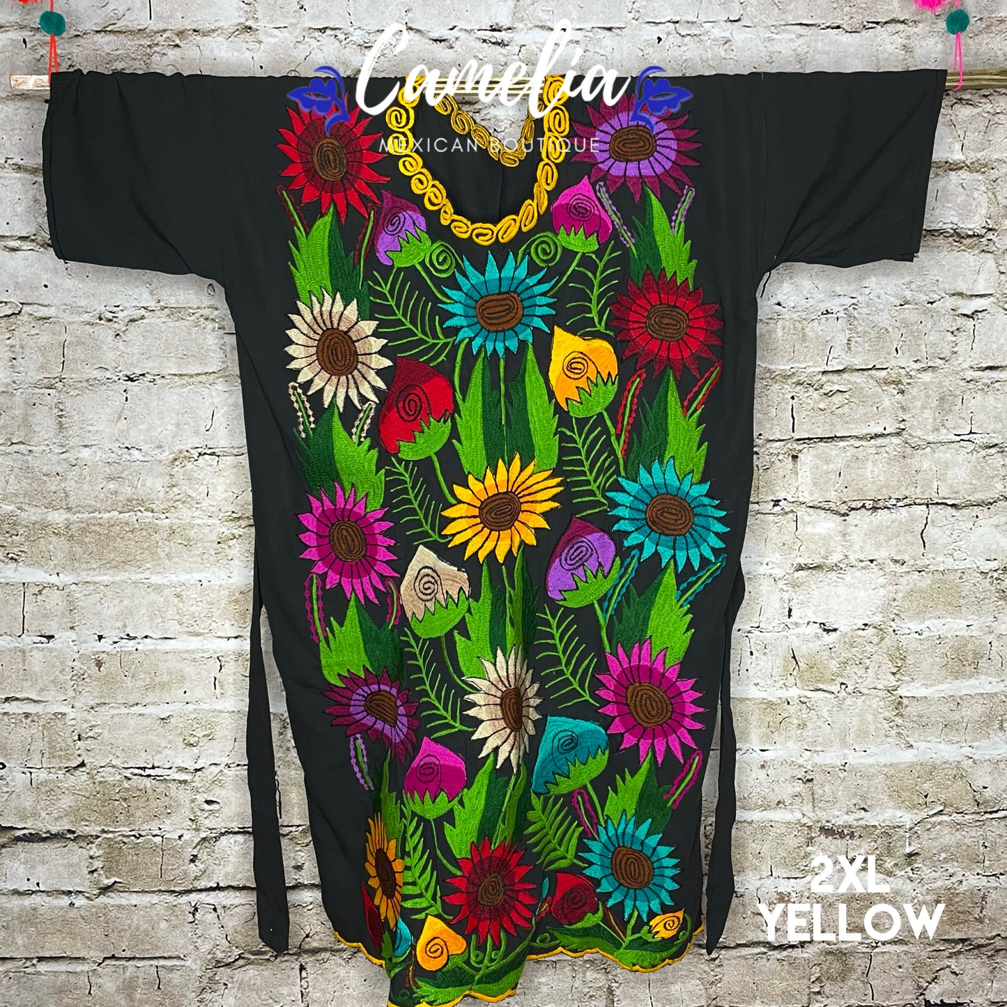 Mexican Huipil Dress Sunflowers PLUS