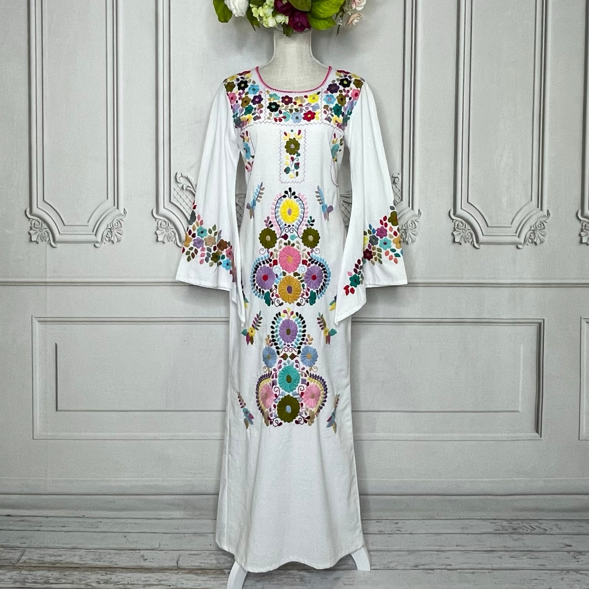 Mexican Embroidered Long Sleeve Maxi Dress for Women Mexican