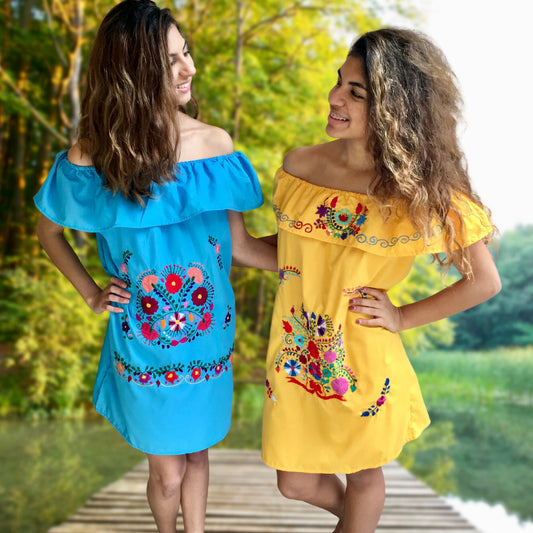 Mexican Traditional Dress. Floral Embroidered Dress. Mexican Fiesta Dress.  Lace Trim off the Shoulder Dress. -  Canada