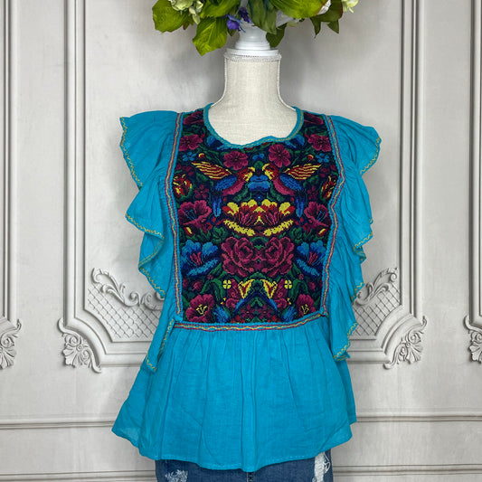 Cross Stitched Butterfly Sleeve Peplum Mexican Blouse