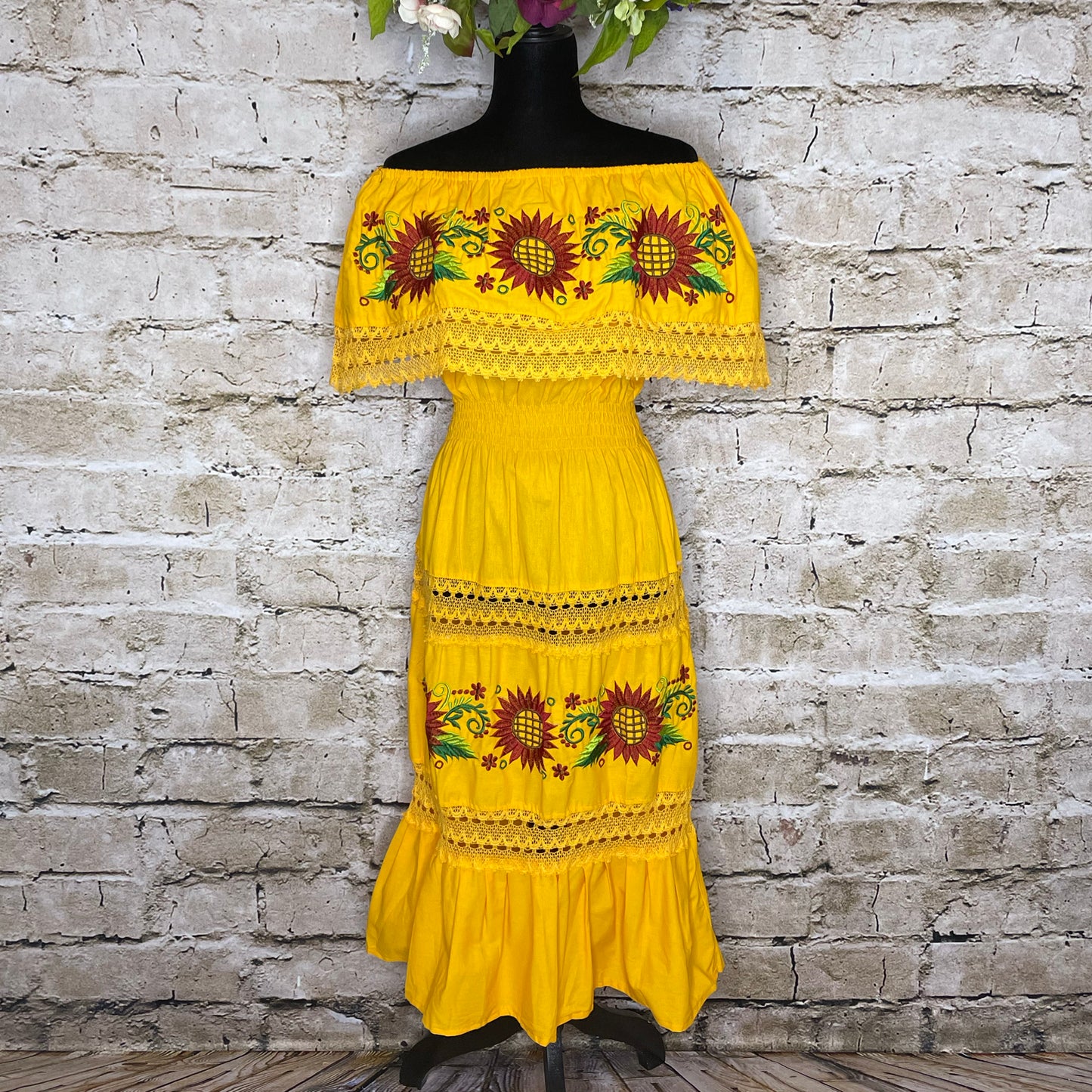 Off Shoulder Laced Midi Dress - Sunflowers