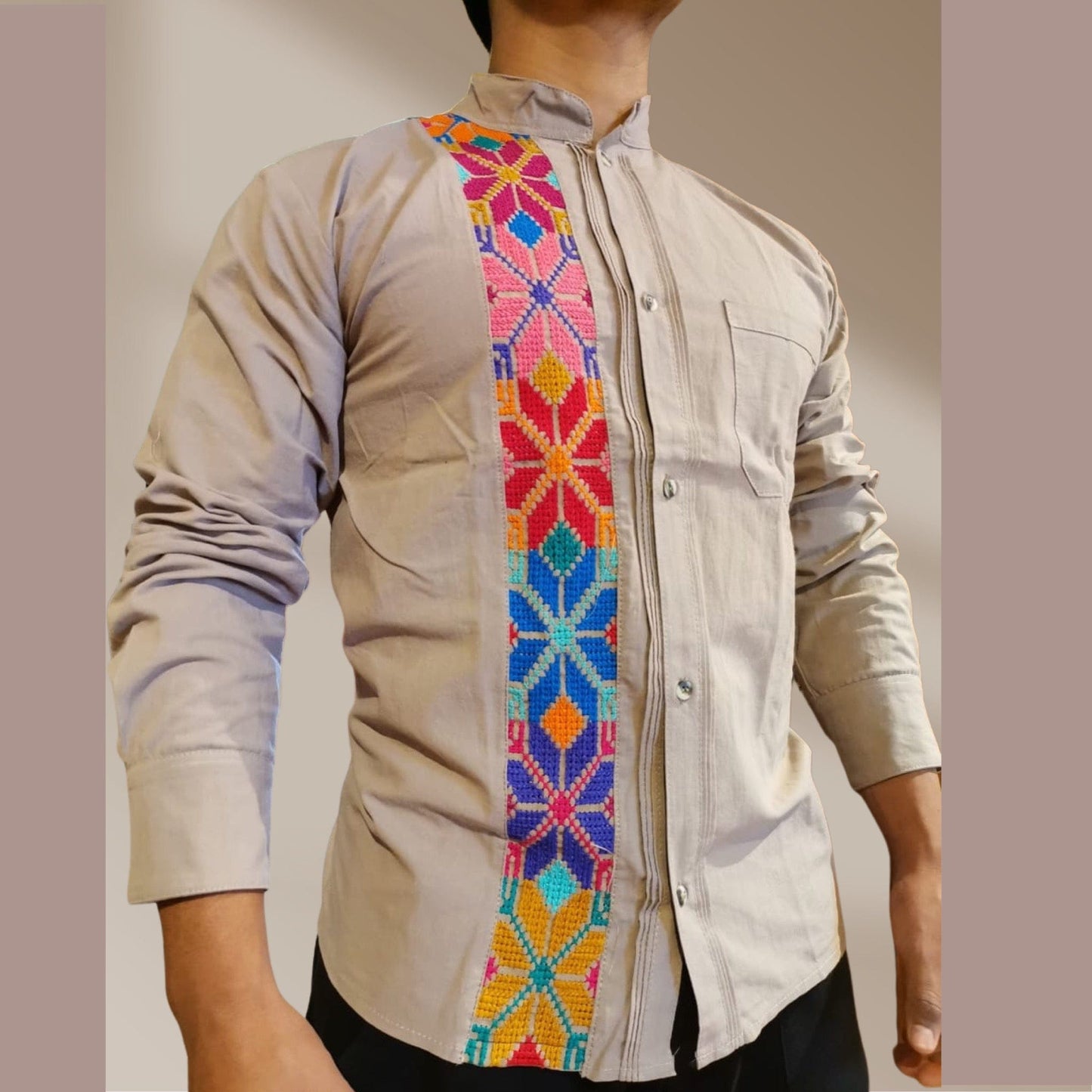 Men's Guayabera Shirt Long Sleeve Cross-Stitch