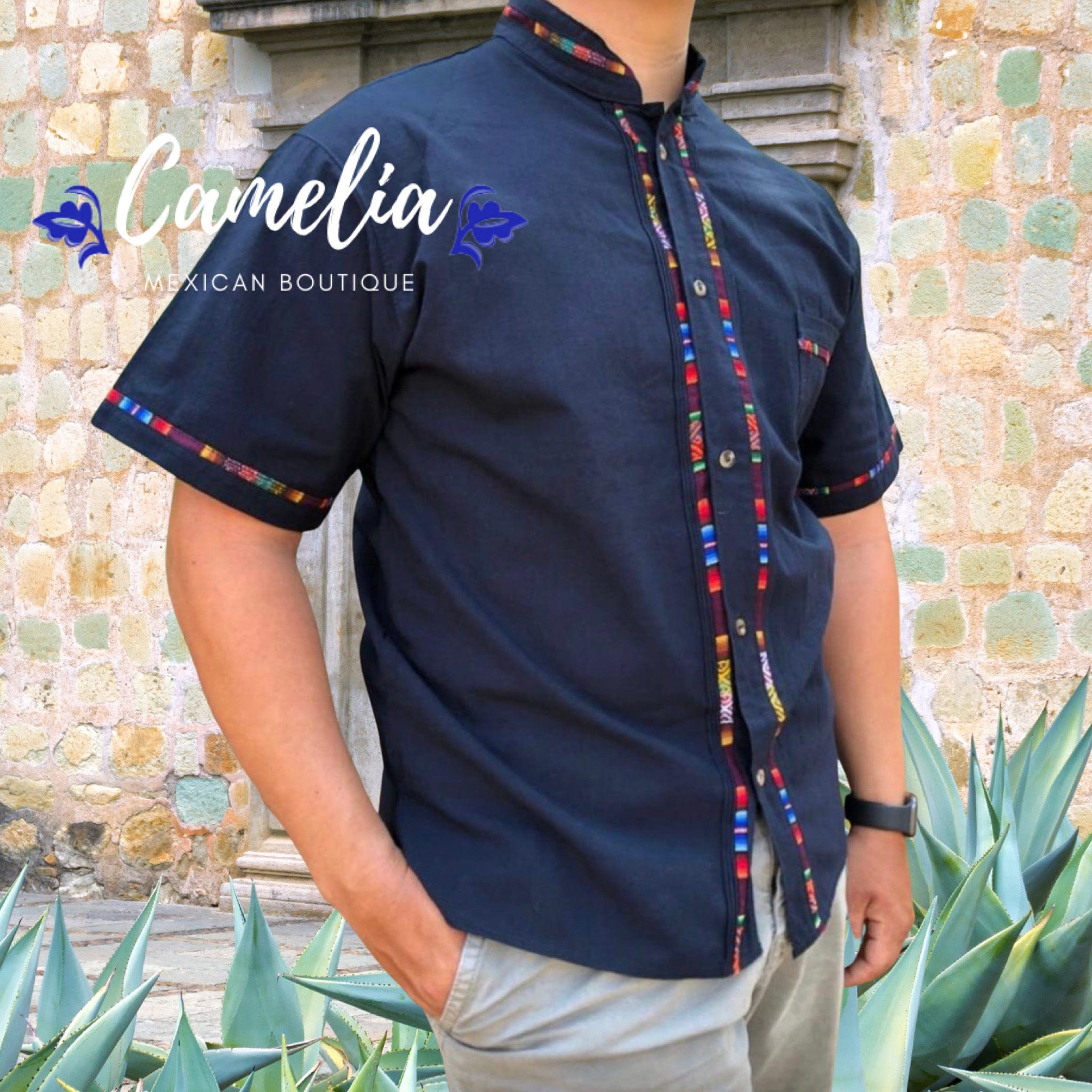 Men's Guayabera Shirt Short Sleeve Sarape Trim – Camelia Mexican Boutique