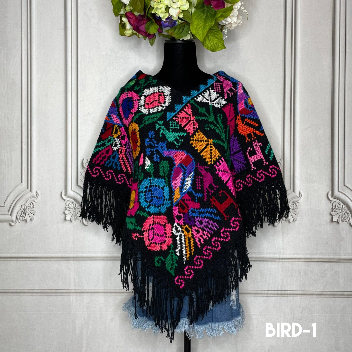 Mexican Cape Poncho Cross Stitch Black Peacock