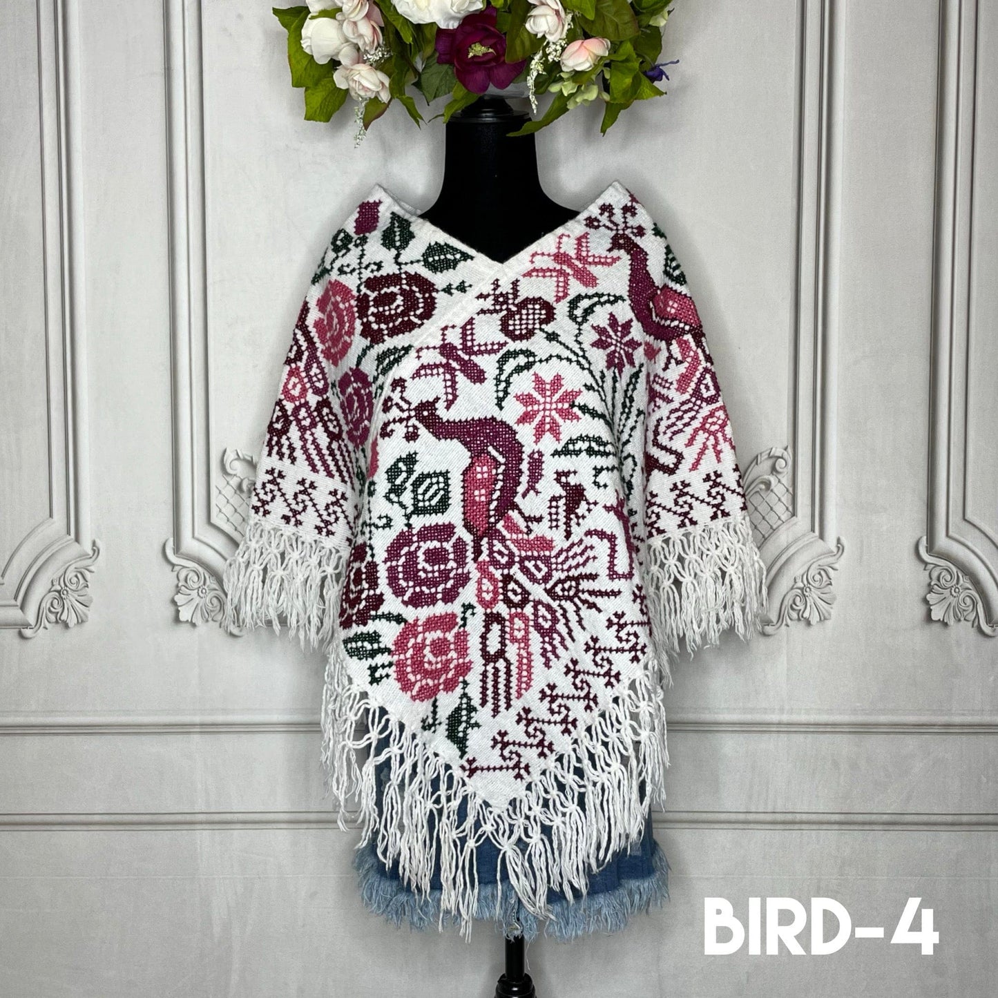 Mexican Cape Poncho Cross Stitch White Peacock