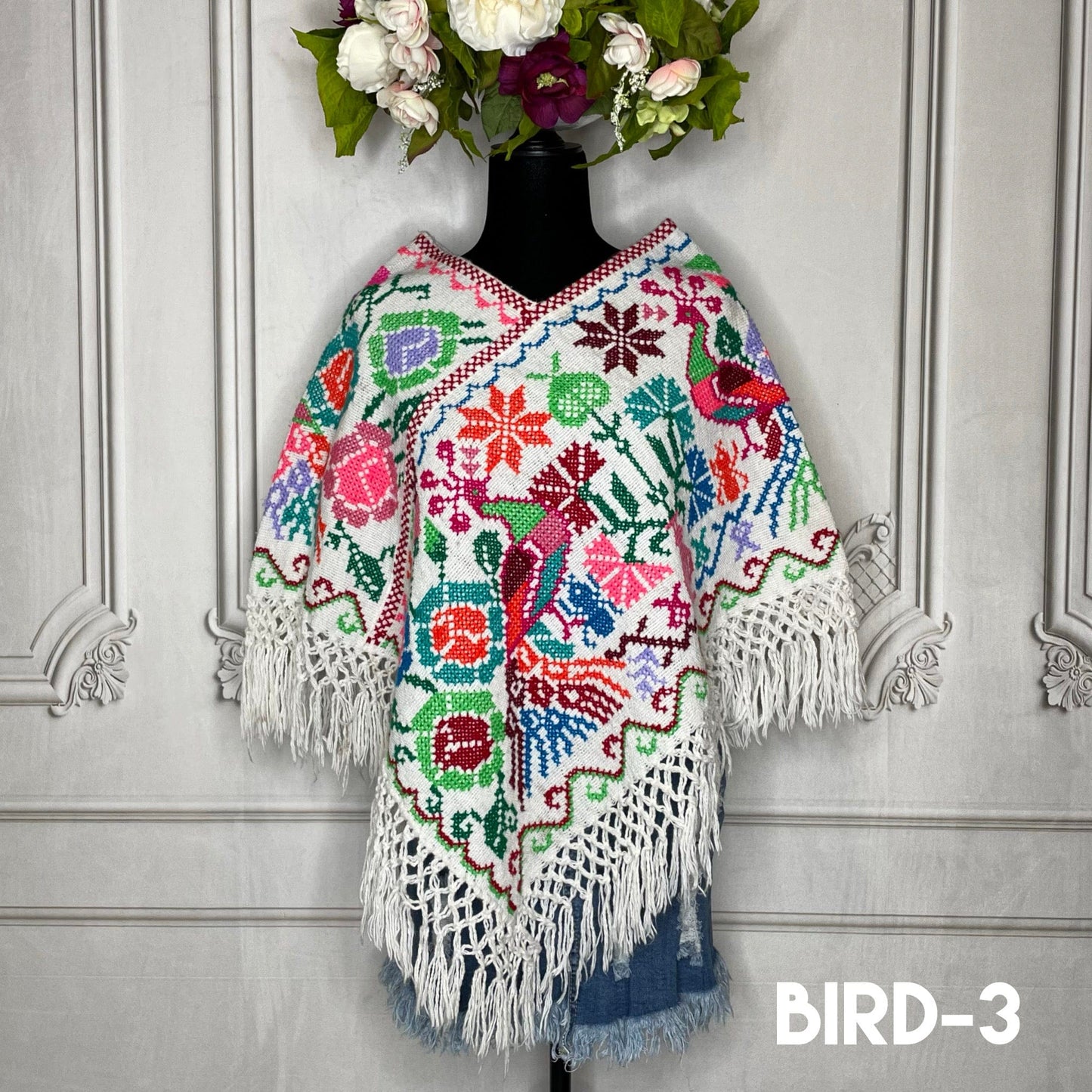 Mexican Cape Poncho Cross Stitch White Peacock