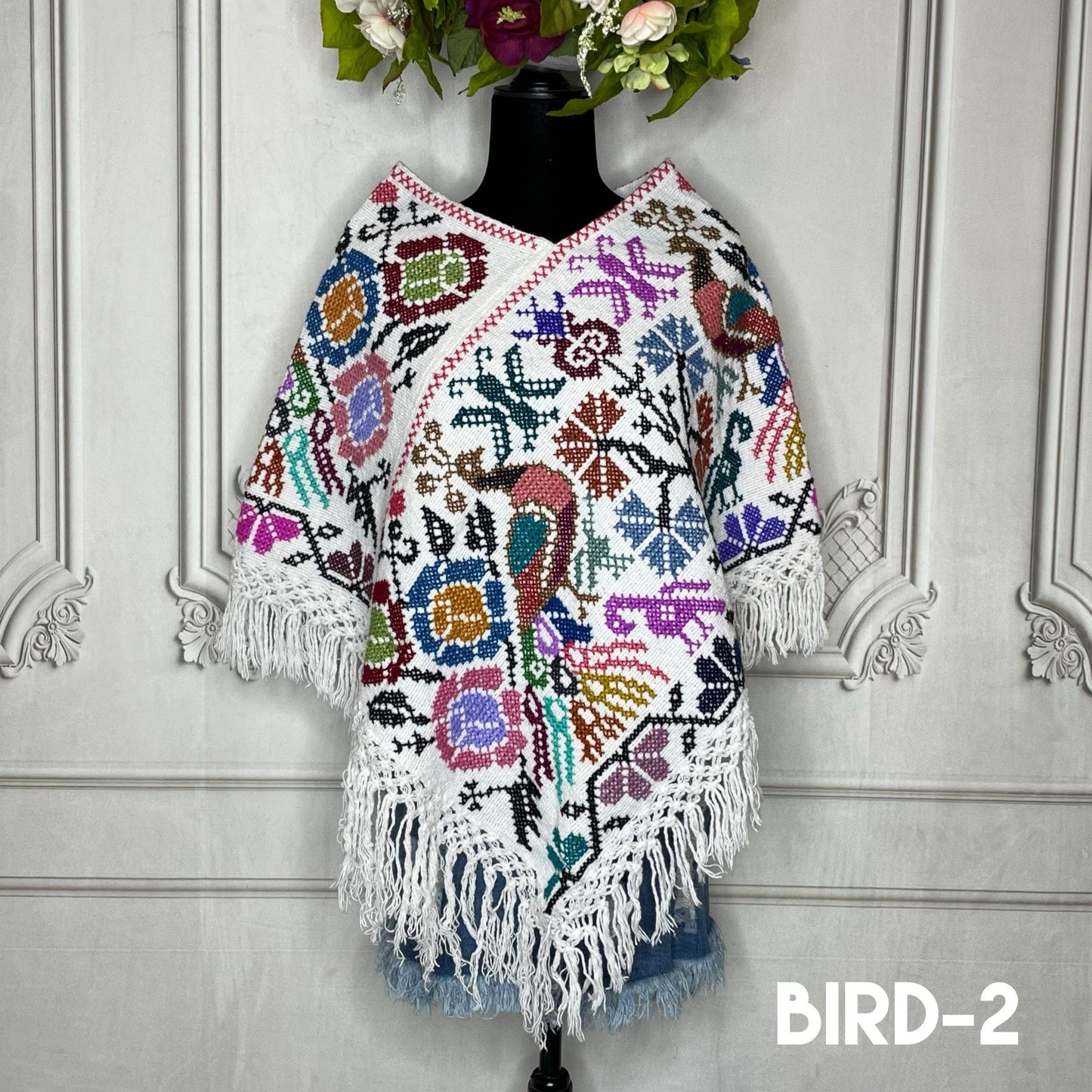 Mexican Cape Poncho Cross Stitch White Peacock