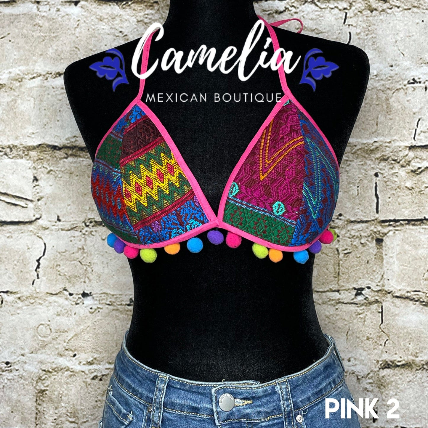 Mexican Embroidered Bikini Top with Poms - SAN ANDRES