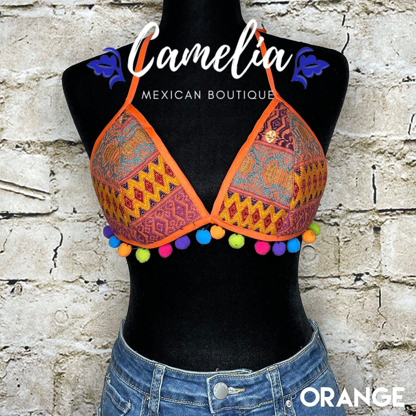 Mexican Embroidered Bikini Top with Poms - SAN ANDRES