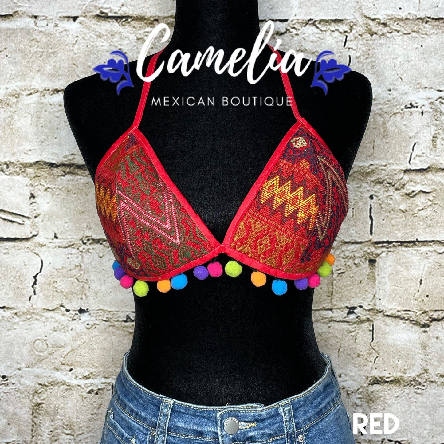 Mexican Embroidered Bikini Top with Poms - SAN ANDRES