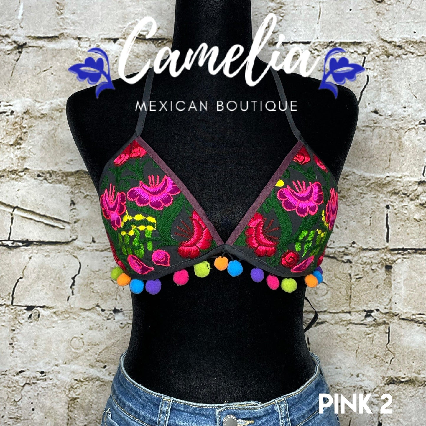 Mexican Embroidered Bikini Top with Poms - ZINNIA