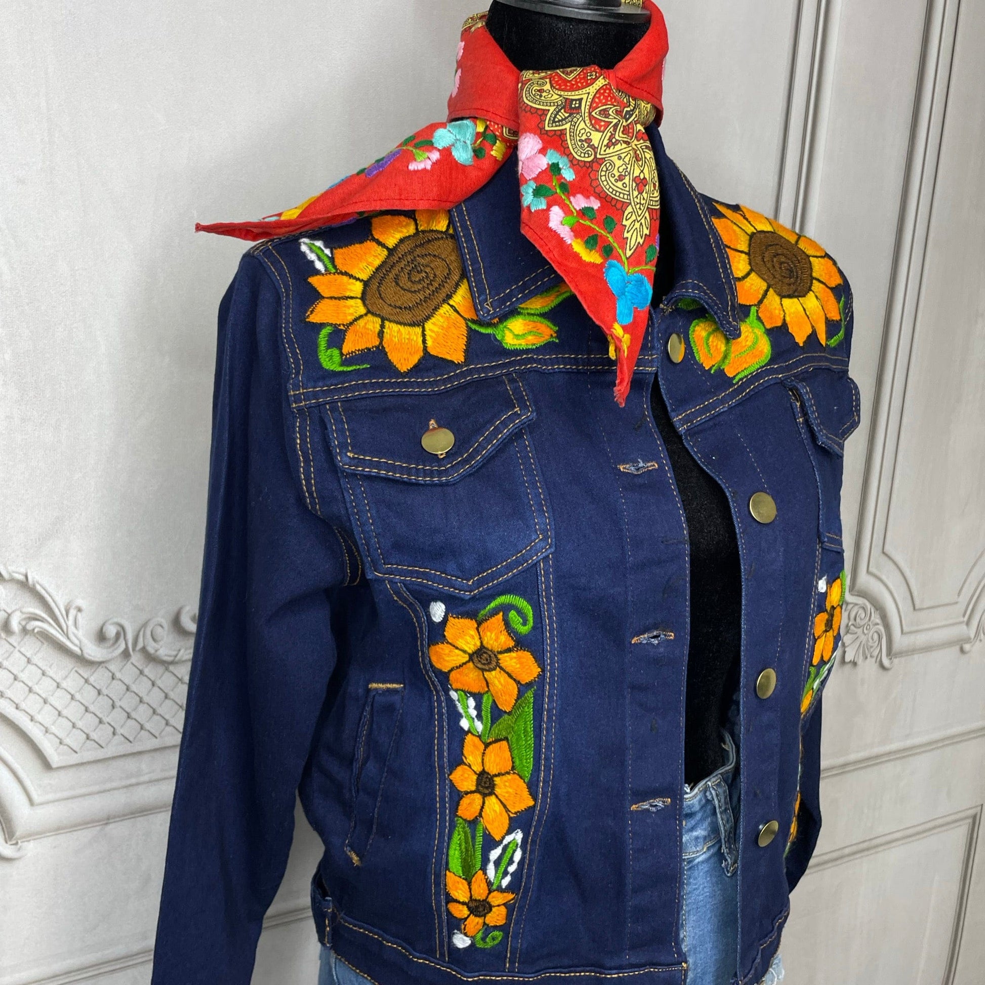 Mexican Embroidered Denim Jacket - Sunflowers