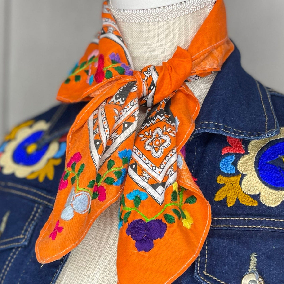 Handcrafted, cotton poly embroidered kerchief neck piece hat 