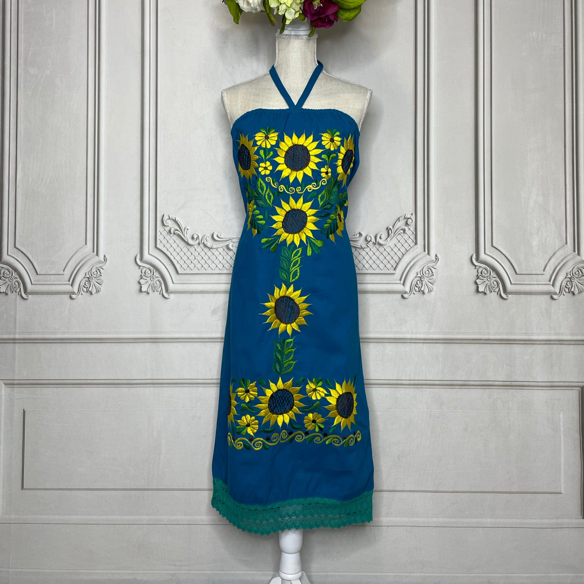 Mexican Halter Dress Sunflowers Midi Lace Camelia Mexican Boutique