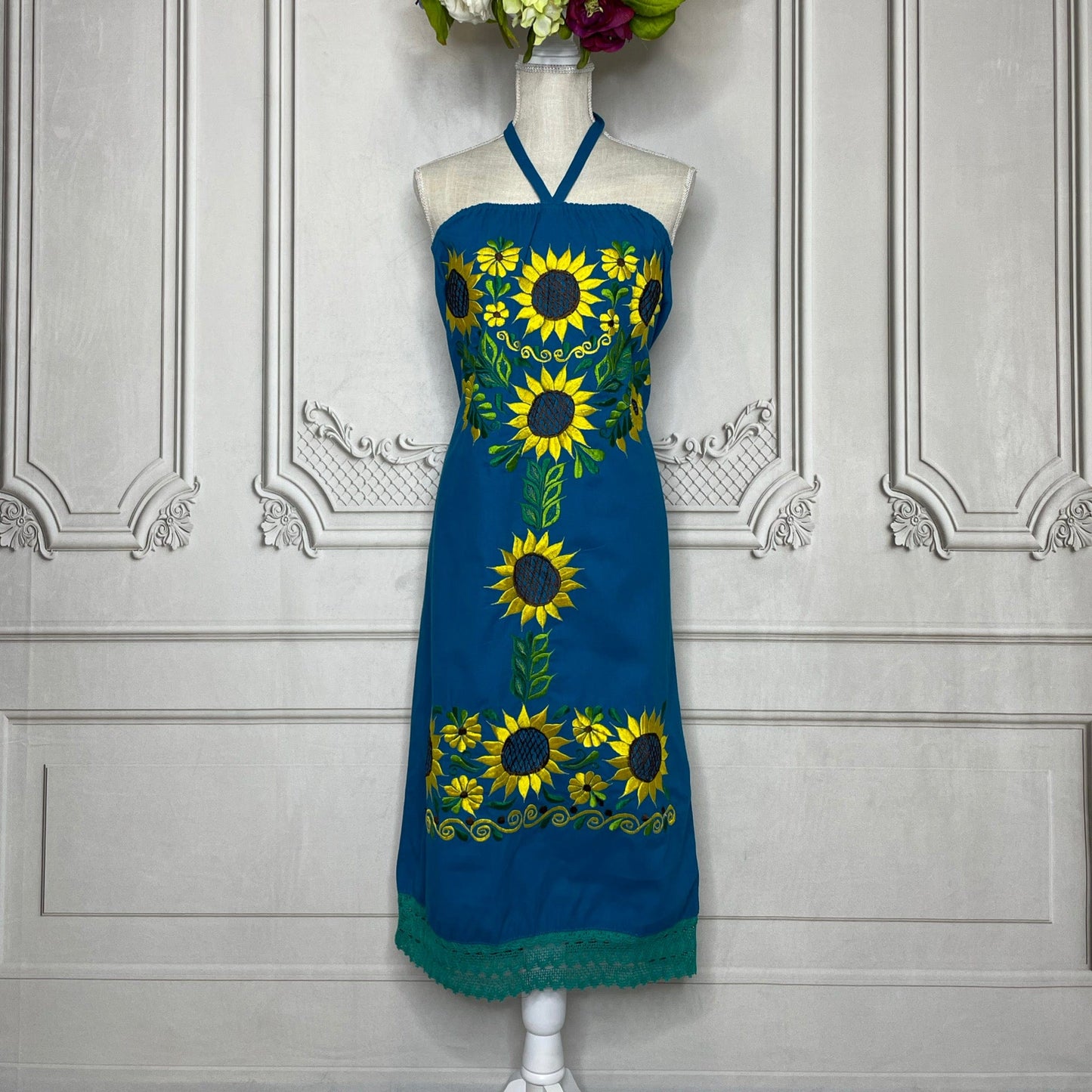 Mexican Halter Dress Sunflowers - Midi Lace