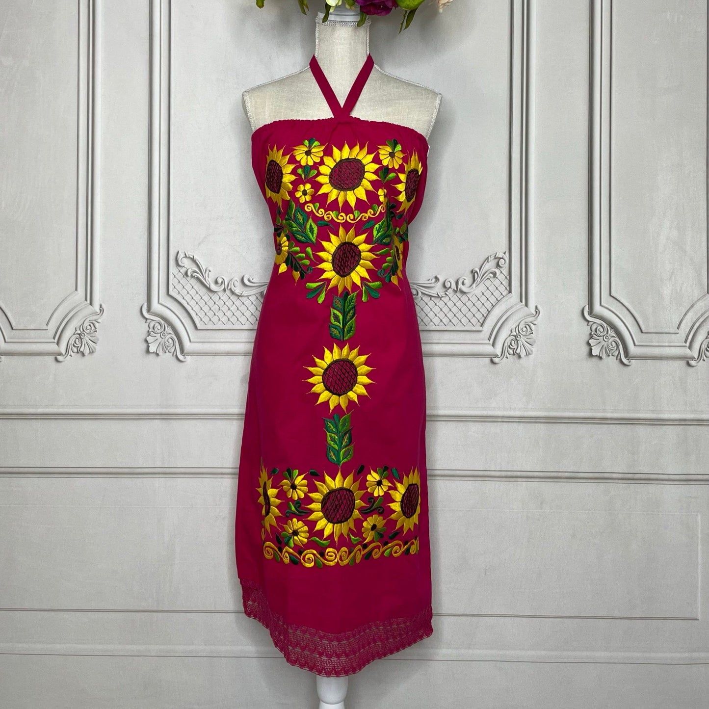 Mexican Halter Dress Sunflowers - Midi Lace