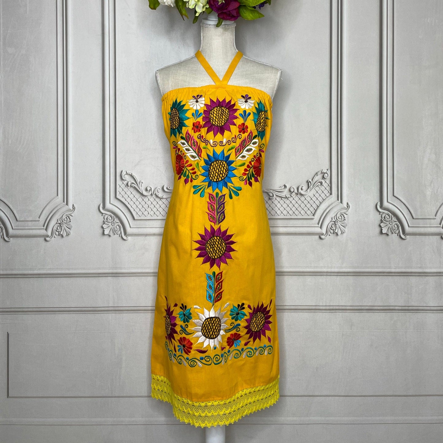 Mexican Halter Dress Sunflowers - Midi Lace