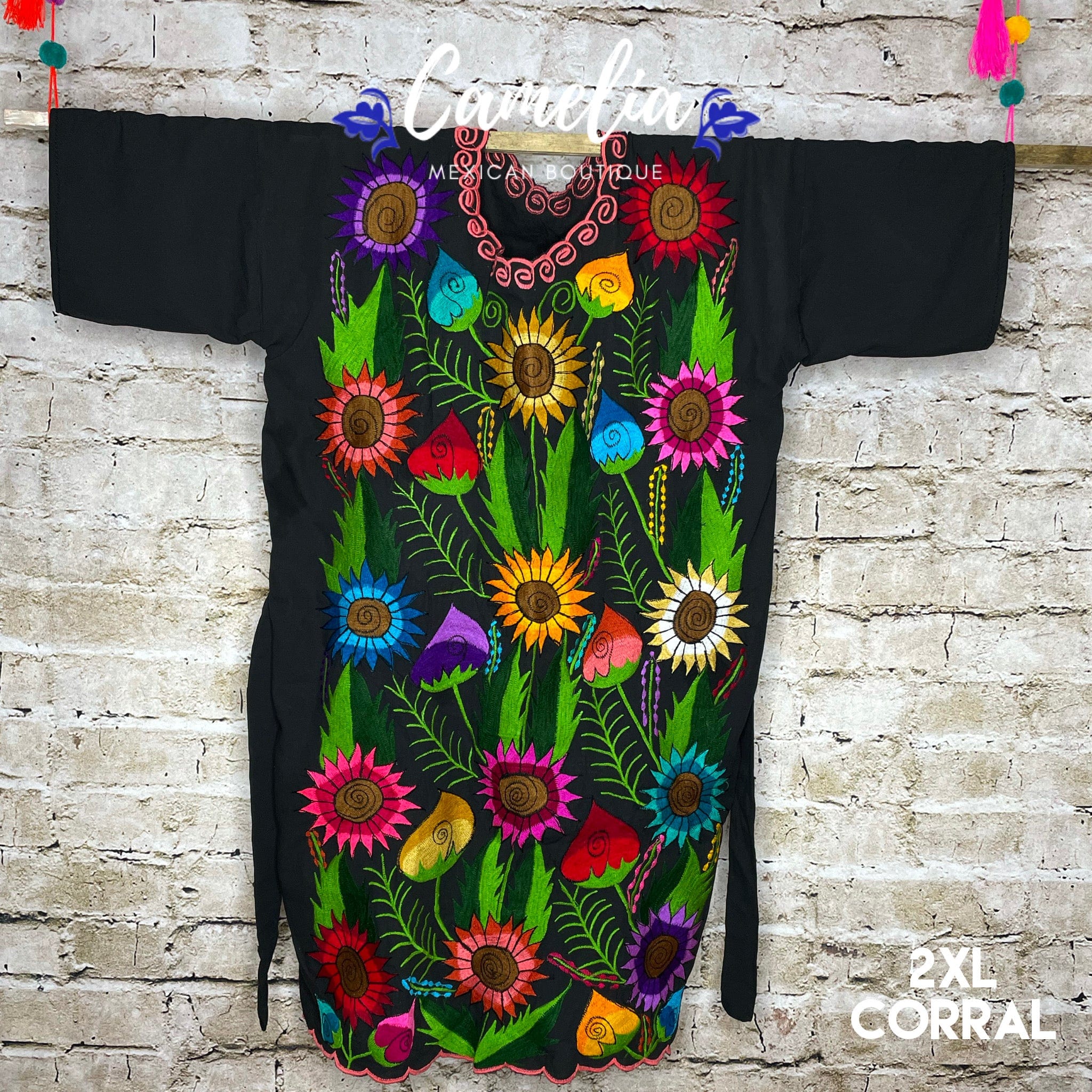 Mexican Huipil Dress Sunflowers PLUS