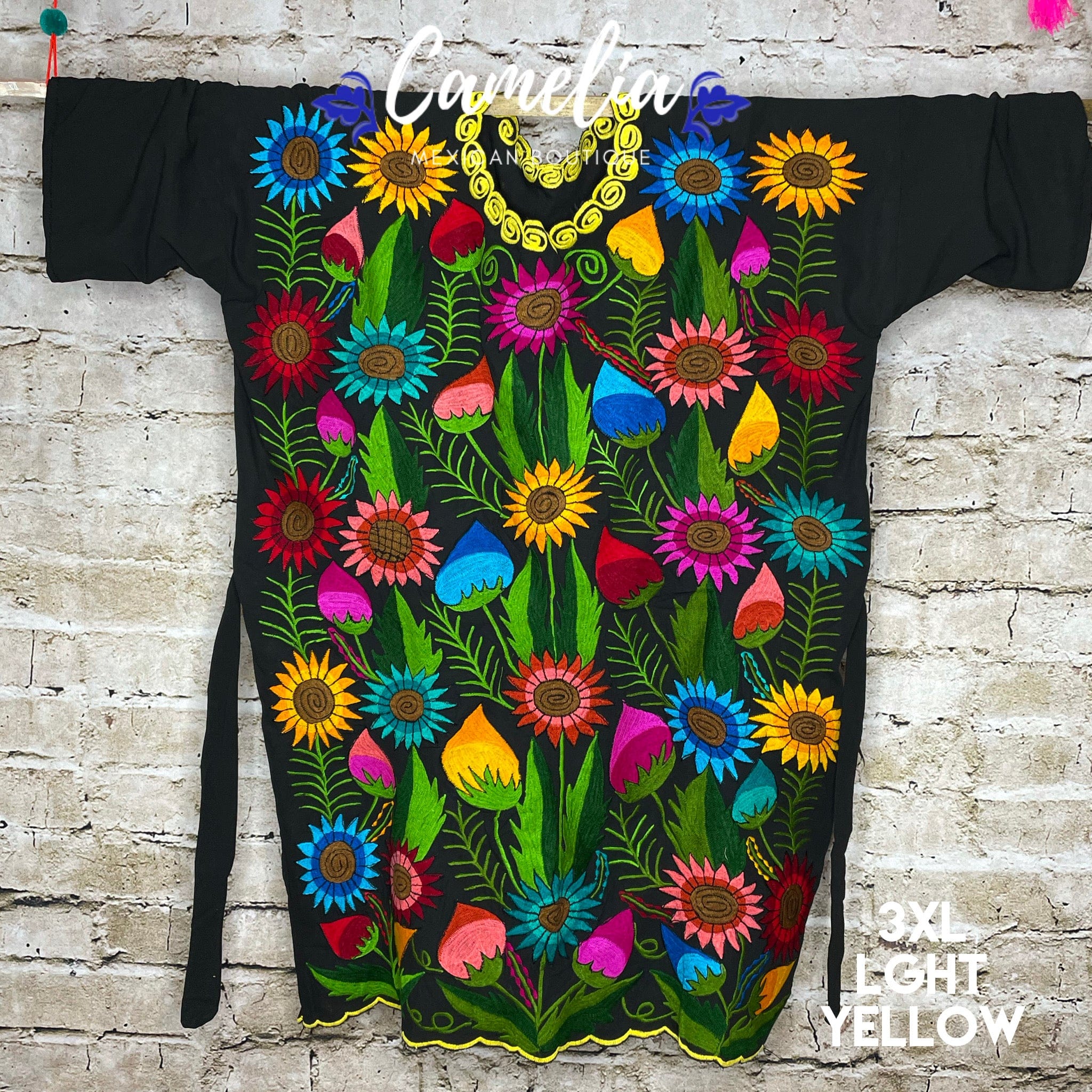 Mexican Huipil Dress Sunflowers PLUS