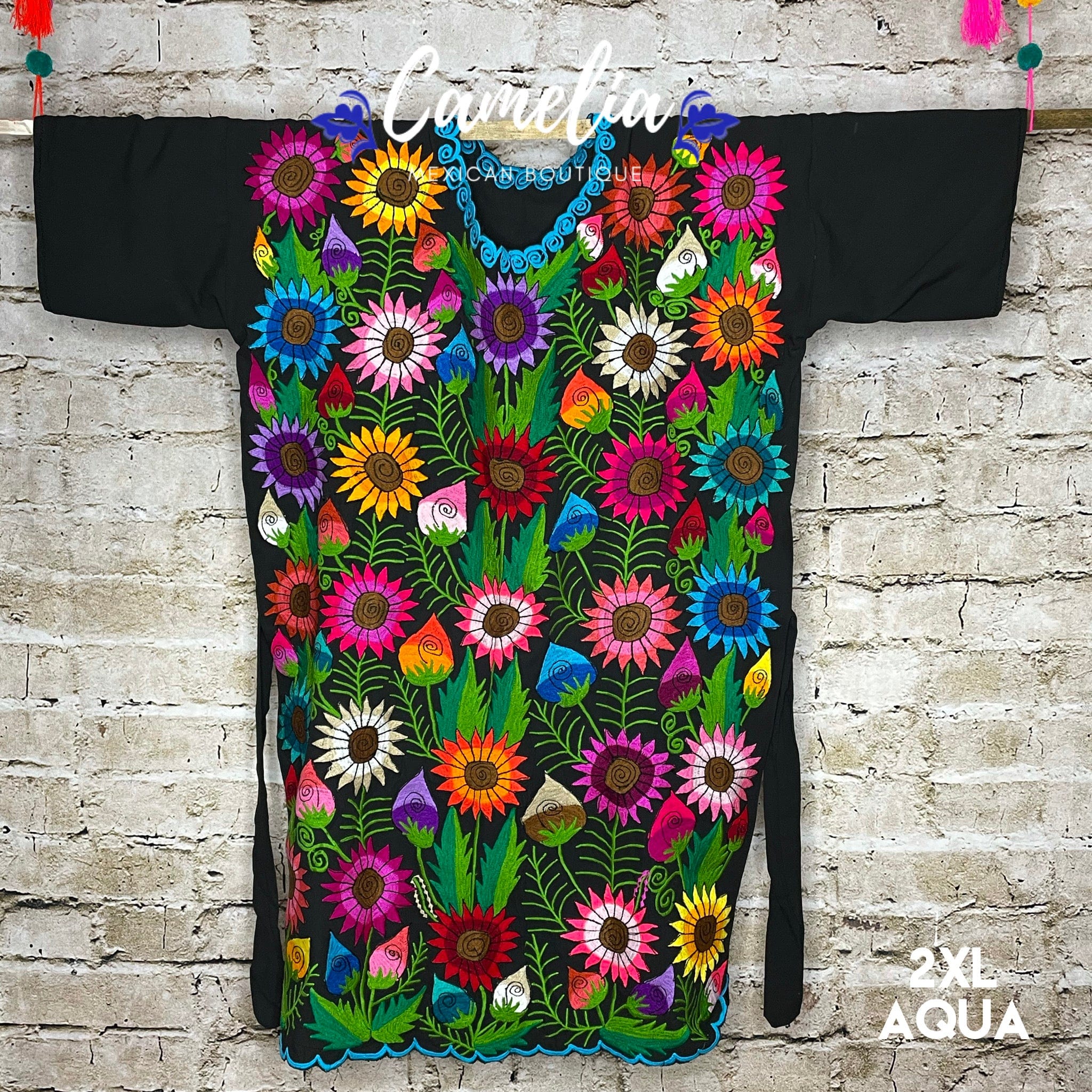 Mexican Huipil Dress Sunflowers PLUS