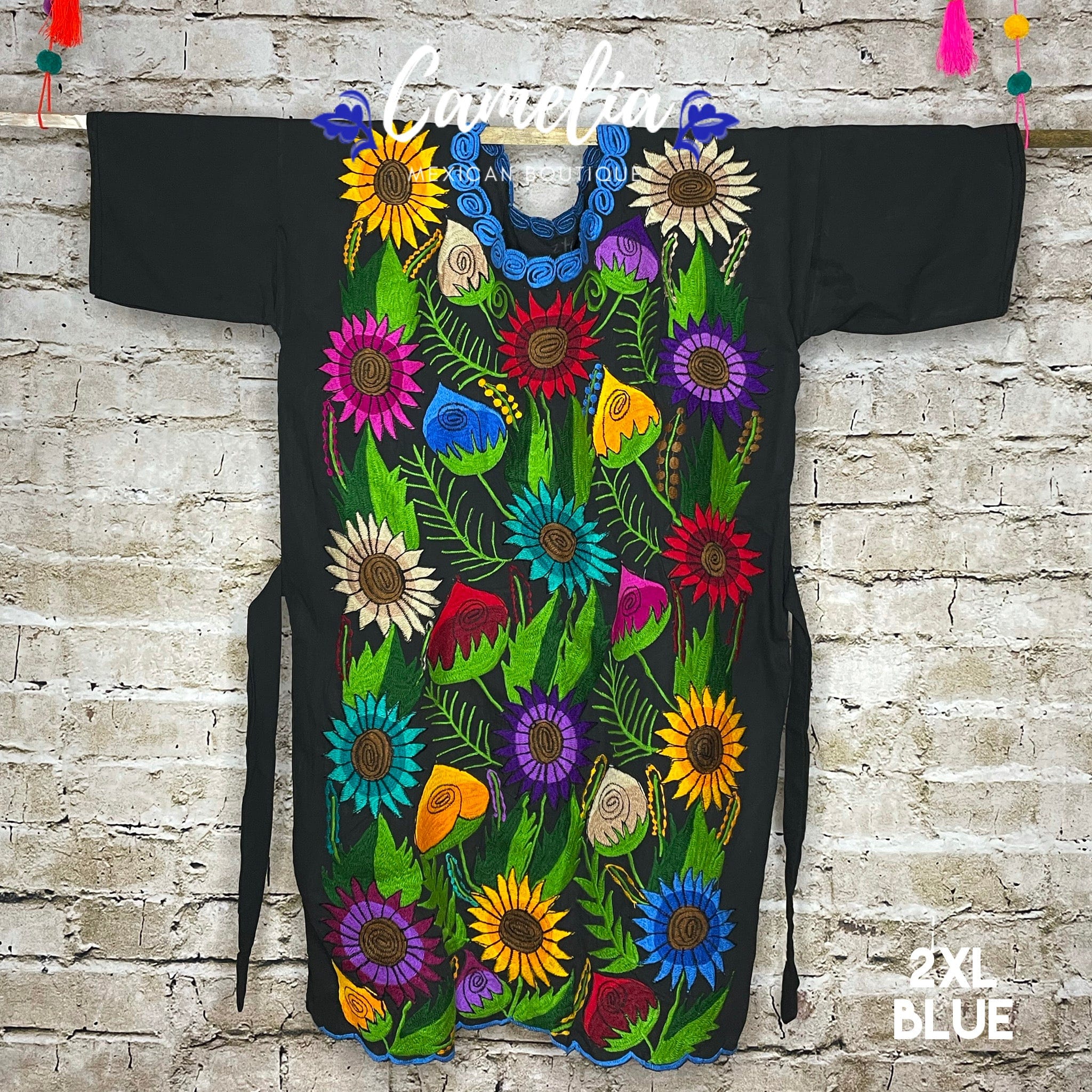 Mexican Huipil Dress Sunflowers PLUS