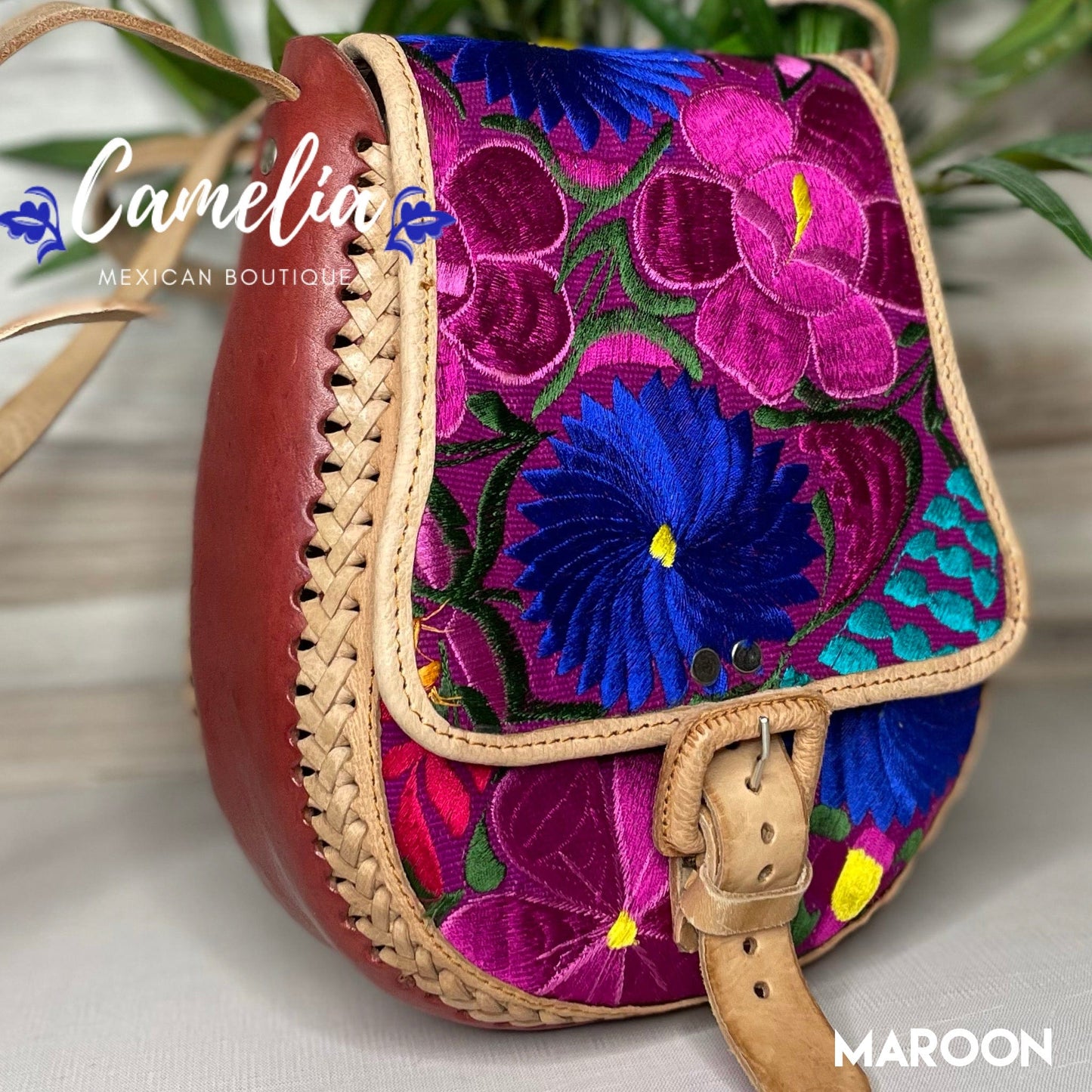 Mexican Leather Crossbody Saddle Bag - Embroidered