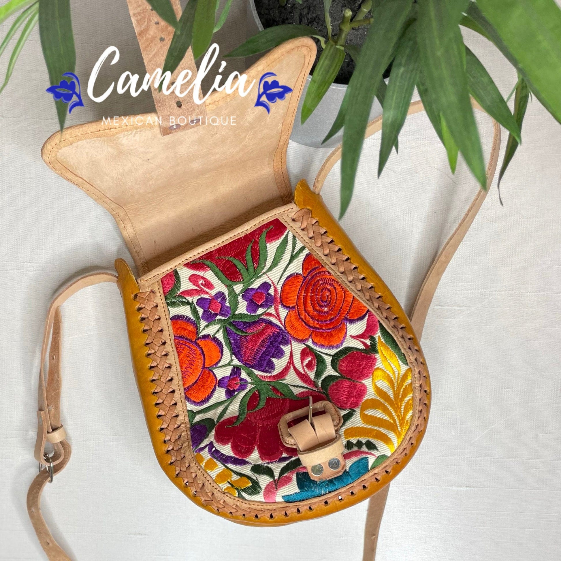 Mexican Leather Crossbody Saddle Bag - Embroidered